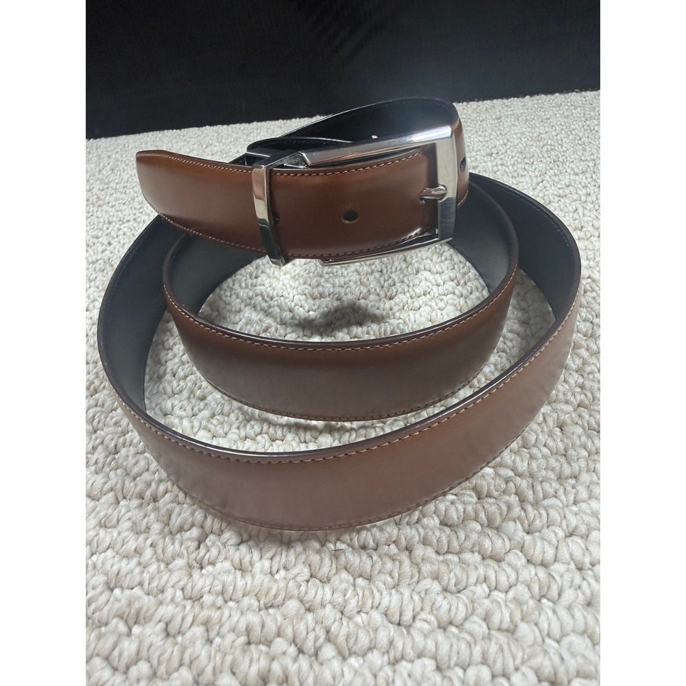 Perry Ellis Reversible Leather Belt Brown Black Silver Buckle Mens 42